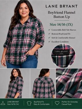 Lane Bryant Relaxed Long-Sleeve Button-Front Pink Plaid Boyfriend Shirt Sz 14 1X